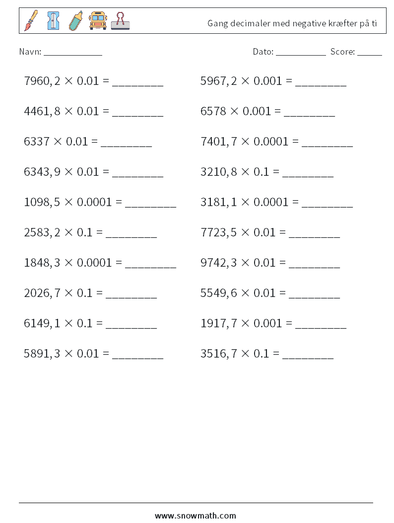 Gang decimaler med negative kræfter på ti Matematiske regneark 17
