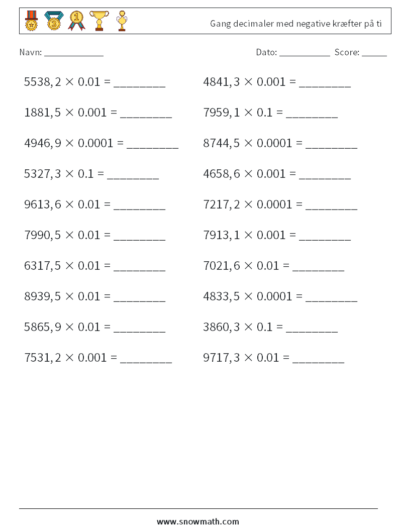 Gang decimaler med negative kræfter på ti Matematiske regneark 18