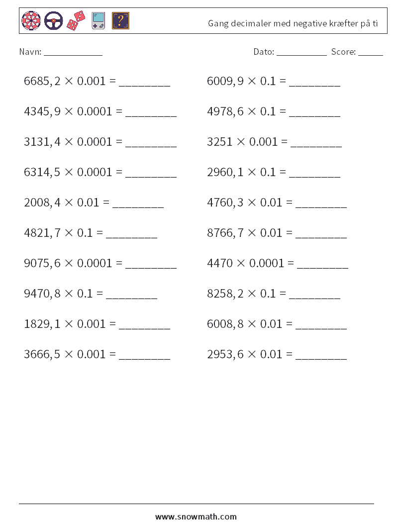 Gang decimaler med negative kræfter på ti Matematiske regneark 2