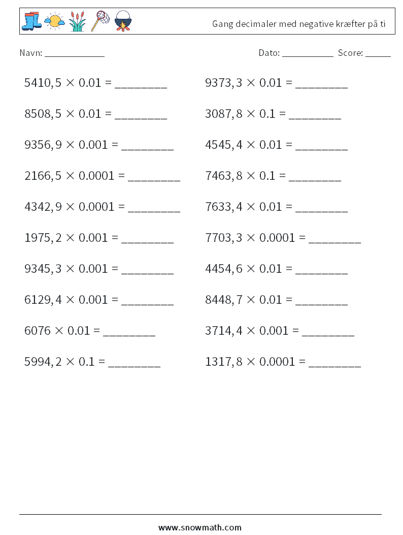Gang decimaler med negative kræfter på ti Matematiske regneark 3