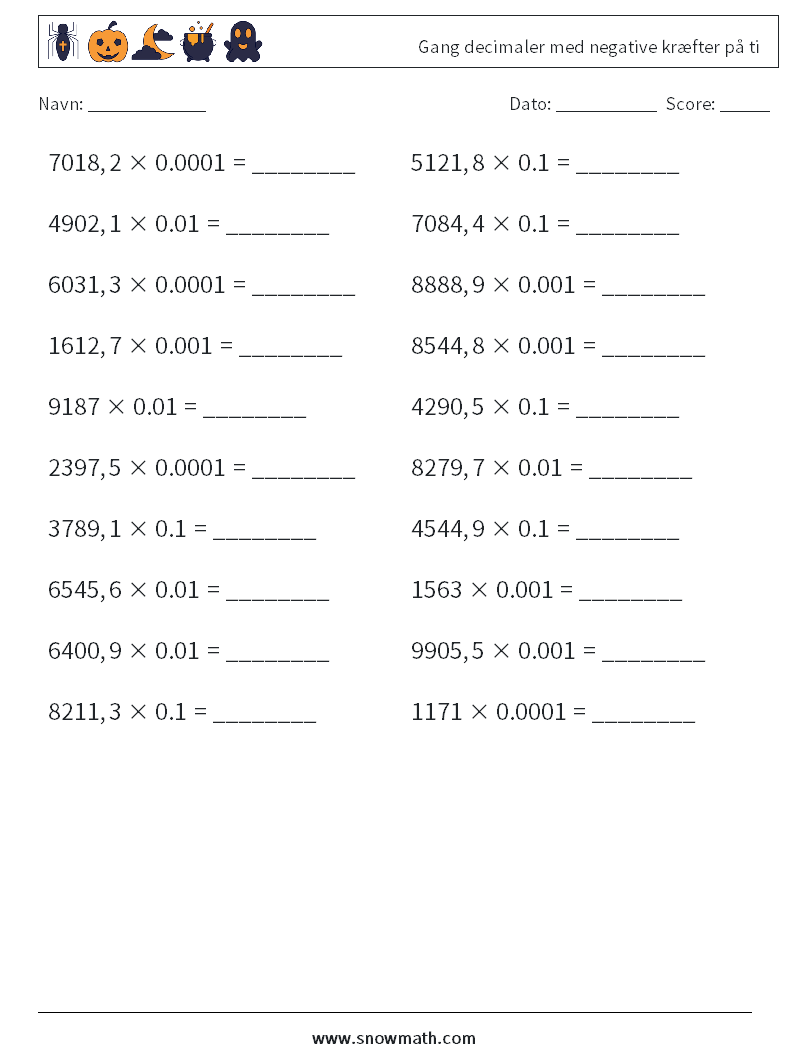 Gang decimaler med negative kræfter på ti Matematiske regneark 4