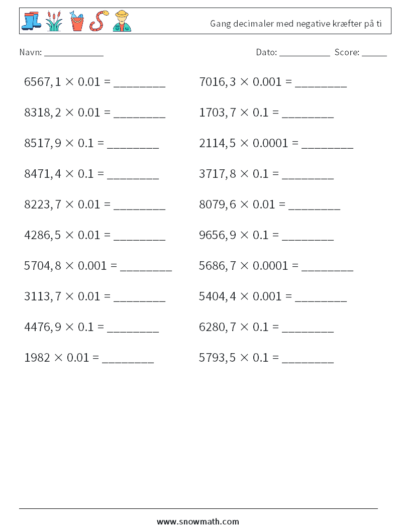Gang decimaler med negative kræfter på ti Matematiske regneark 5