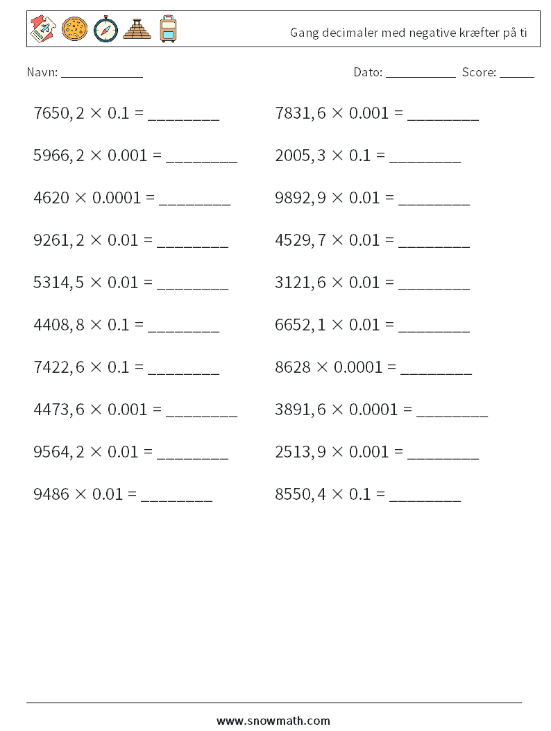 Gang decimaler med negative kræfter på ti Matematiske regneark 6