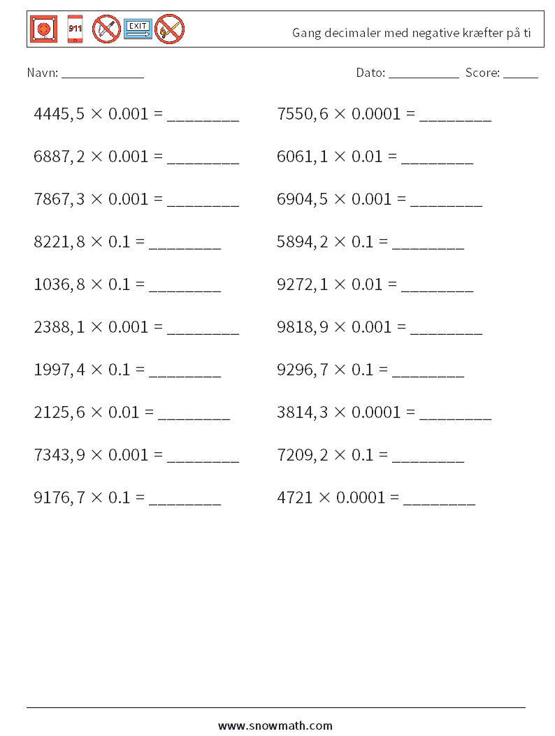 Gang decimaler med negative kræfter på ti Matematiske regneark 7