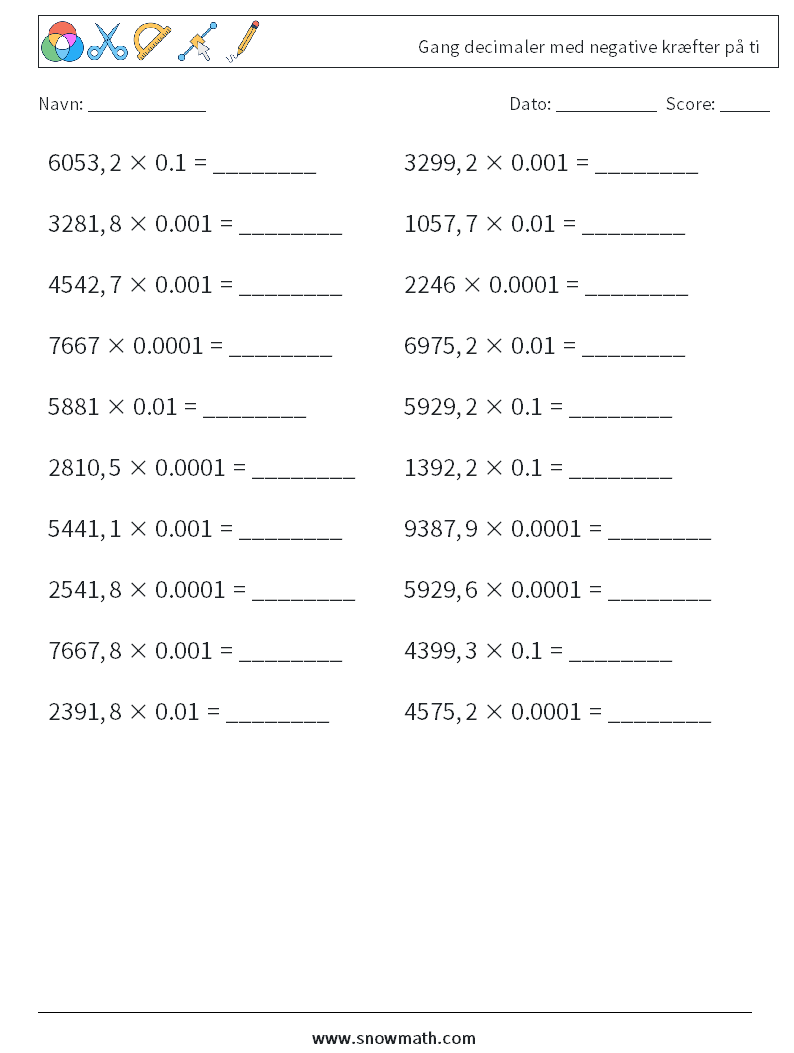 Gang decimaler med negative kræfter på ti Matematiske regneark 8