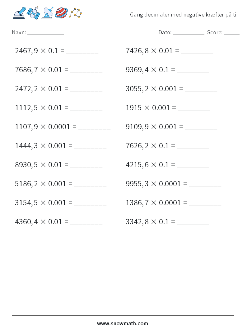 Gang decimaler med negative kræfter på ti Matematiske regneark 9