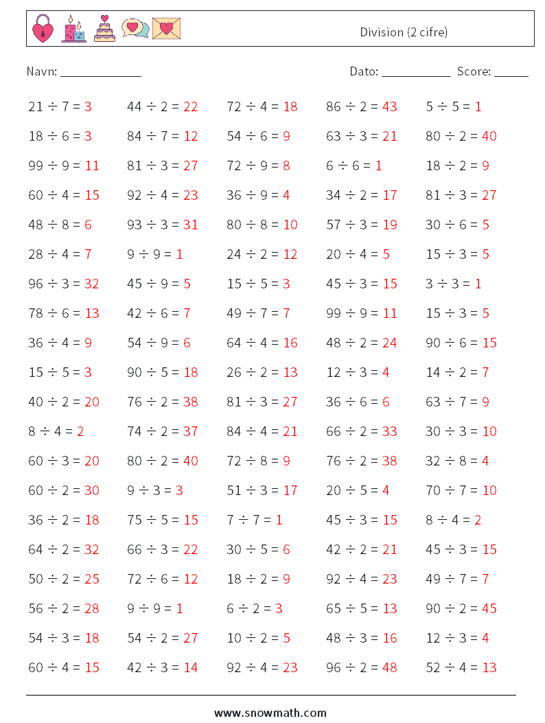 (100) Division (2 cifre) Matematiske regneark 4 Spørgsmål, svar