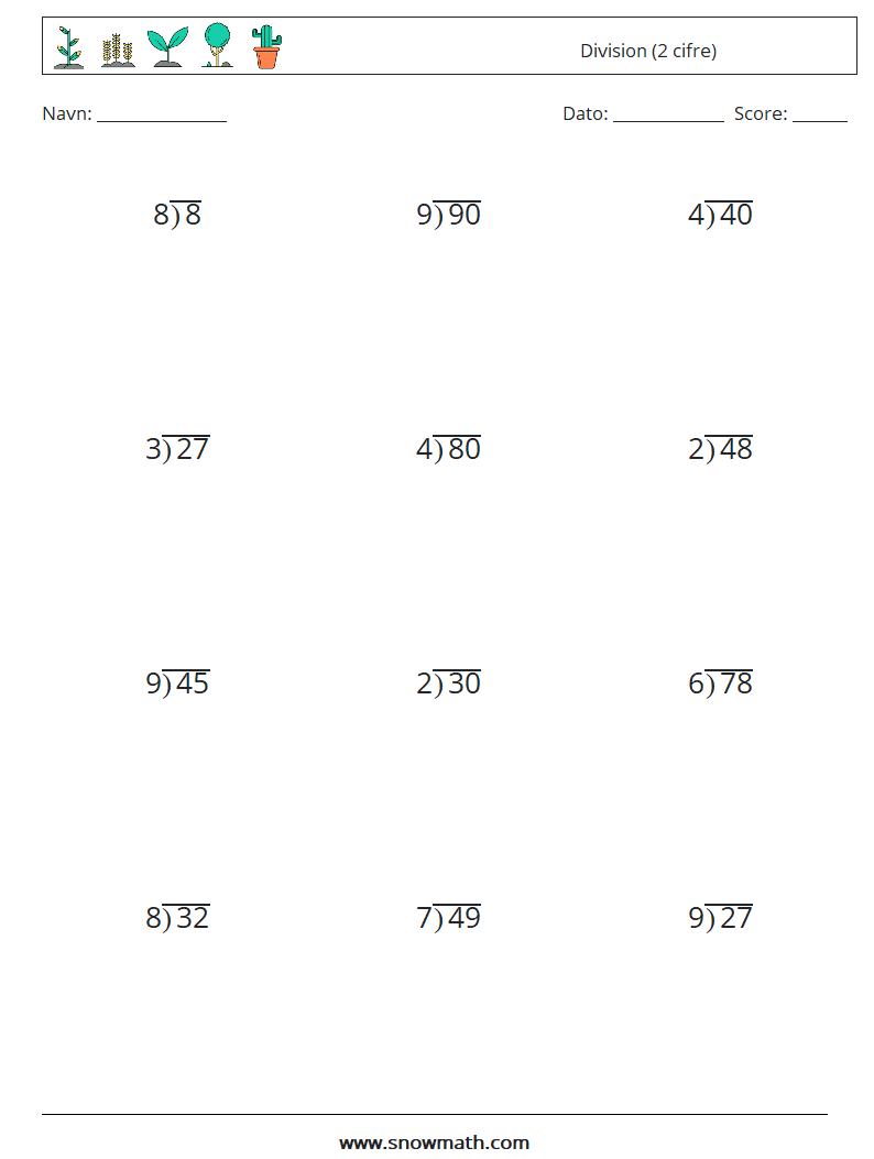 (12) Division (2 cifre) Matematiske regneark 1