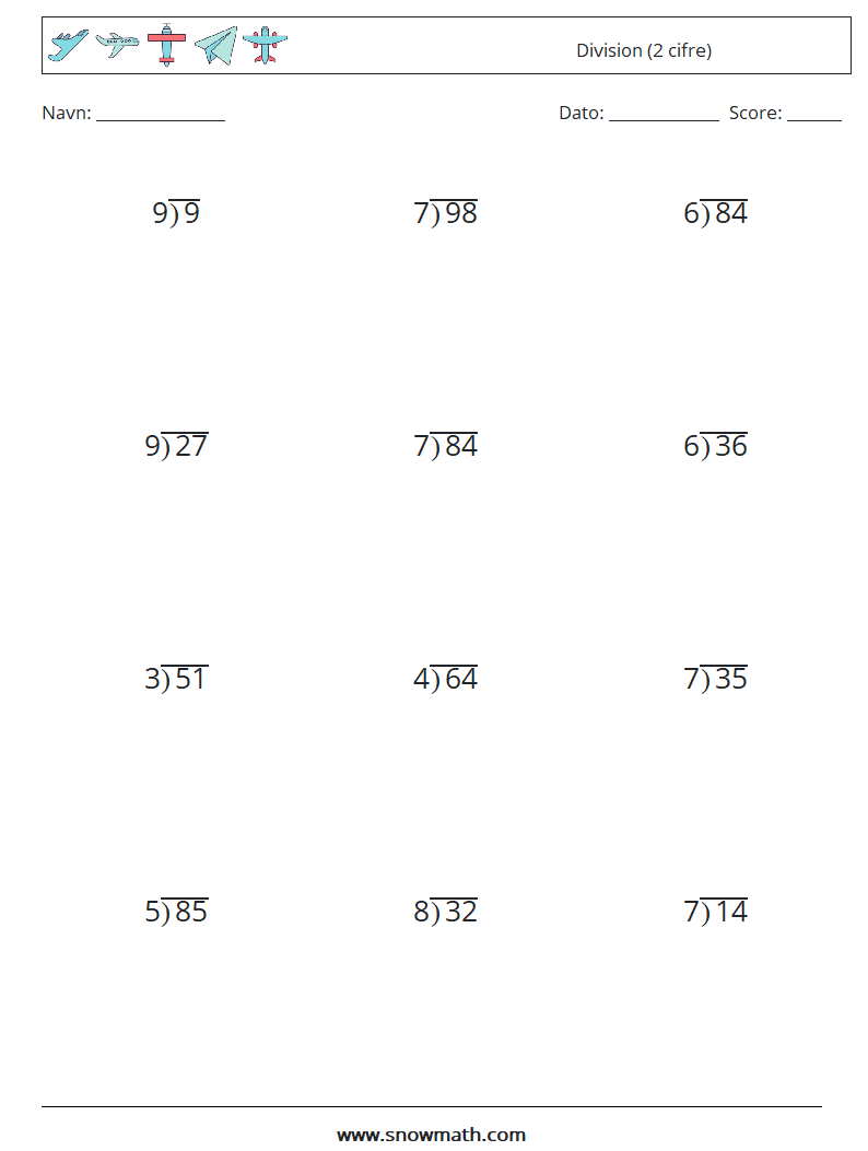 (12) Division (2 cifre) Matematiske regneark 10