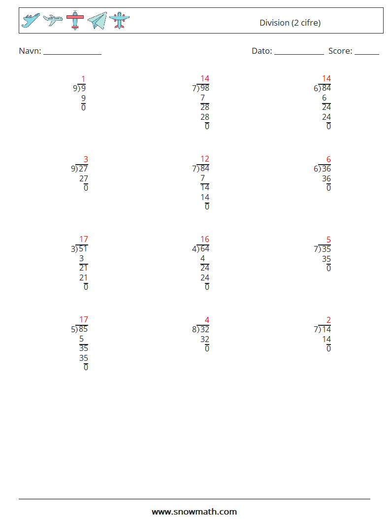 (12) Division (2 cifre) Matematiske regneark 10 Spørgsmål, svar