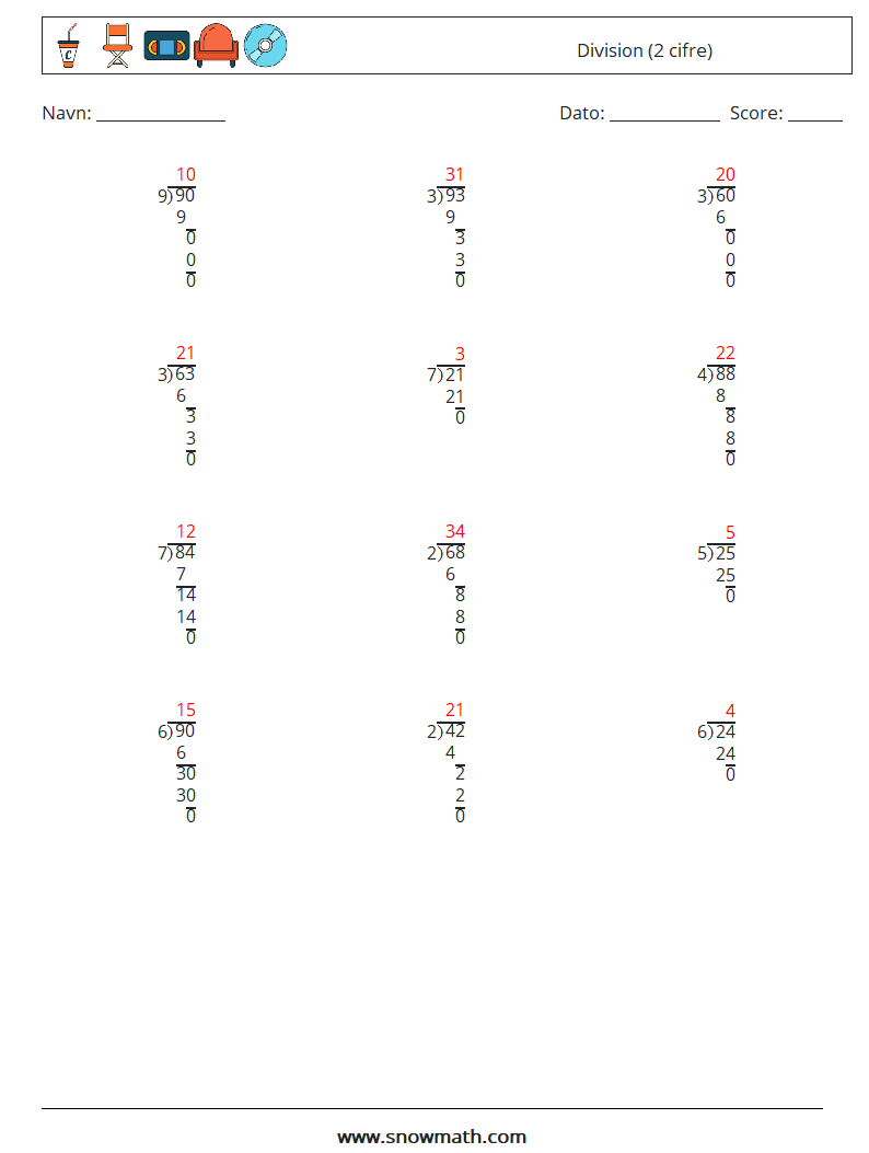 (12) Division (2 cifre) Matematiske regneark 11 Spørgsmål, svar
