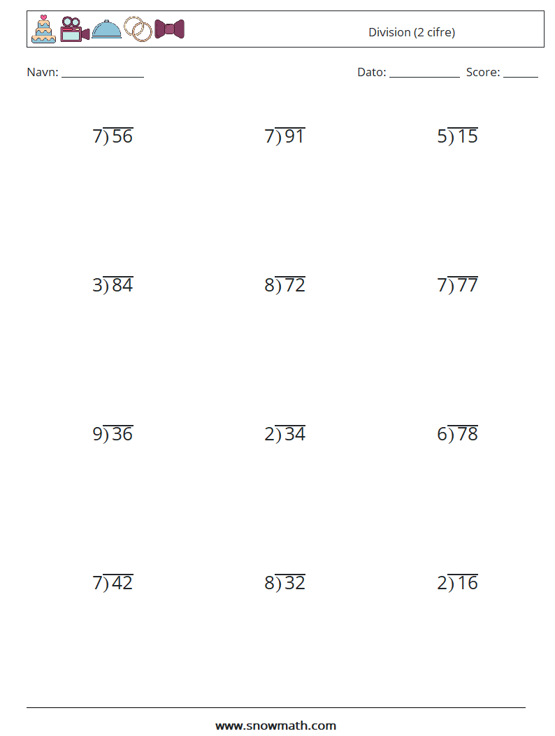 (12) Division (2 cifre) Matematiske regneark 12