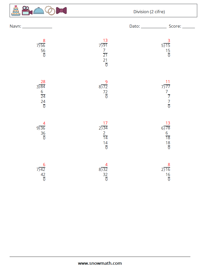 (12) Division (2 cifre) Matematiske regneark 12 Spørgsmål, svar