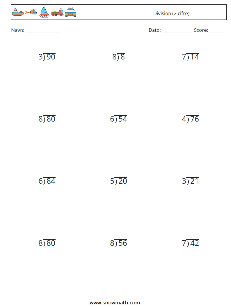 (12) Division (2 cifre) Matematiske regneark 13