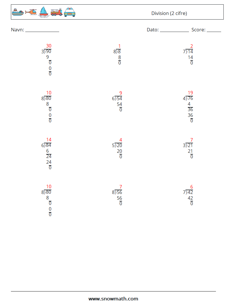 (12) Division (2 cifre) Matematiske regneark 13 Spørgsmål, svar