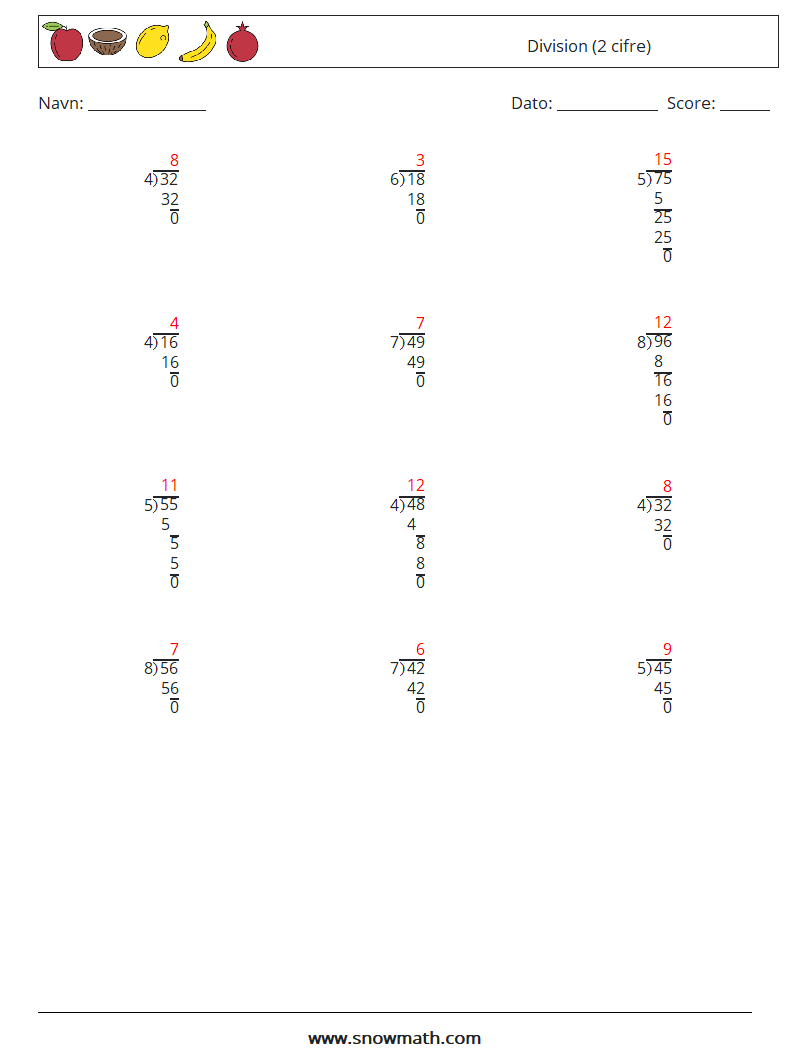 (12) Division (2 cifre) Matematiske regneark 14 Spørgsmål, svar