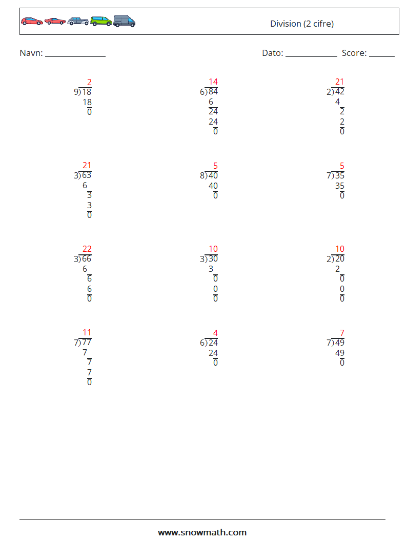 (12) Division (2 cifre) Matematiske regneark 15 Spørgsmål, svar