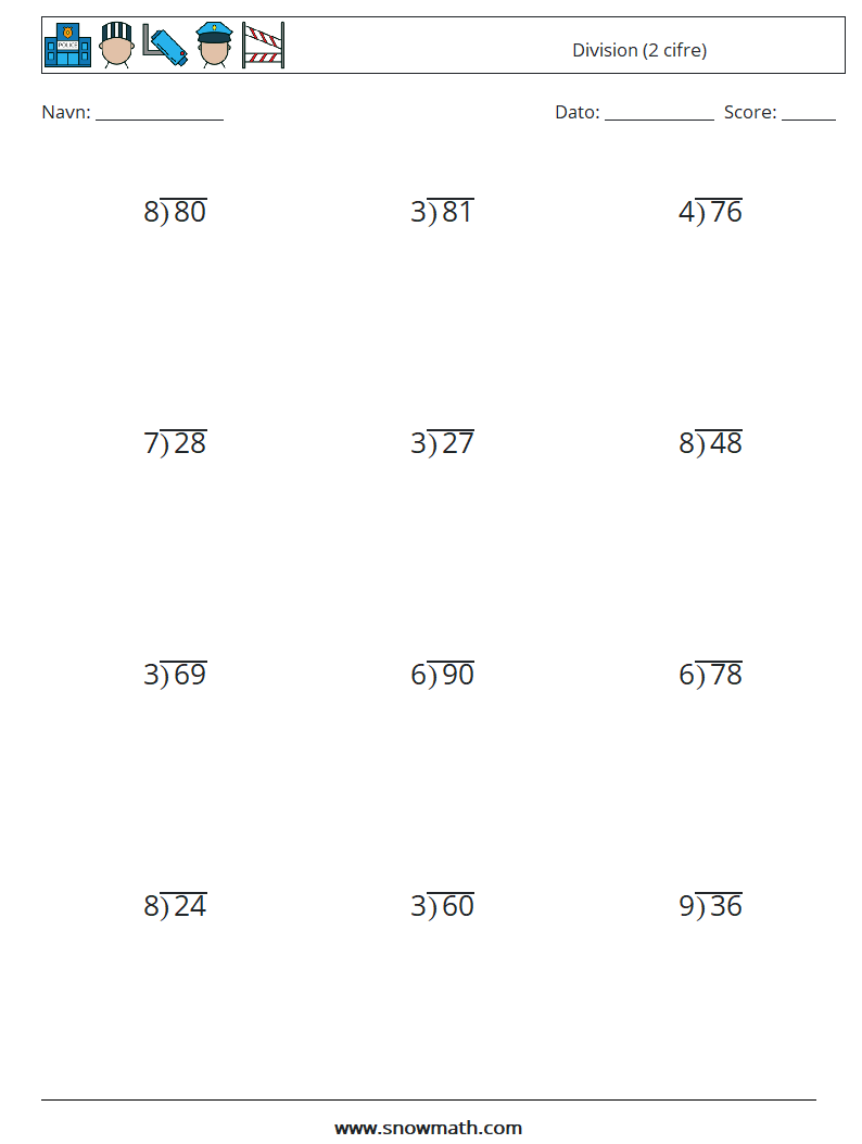 (12) Division (2 cifre) Matematiske regneark 16