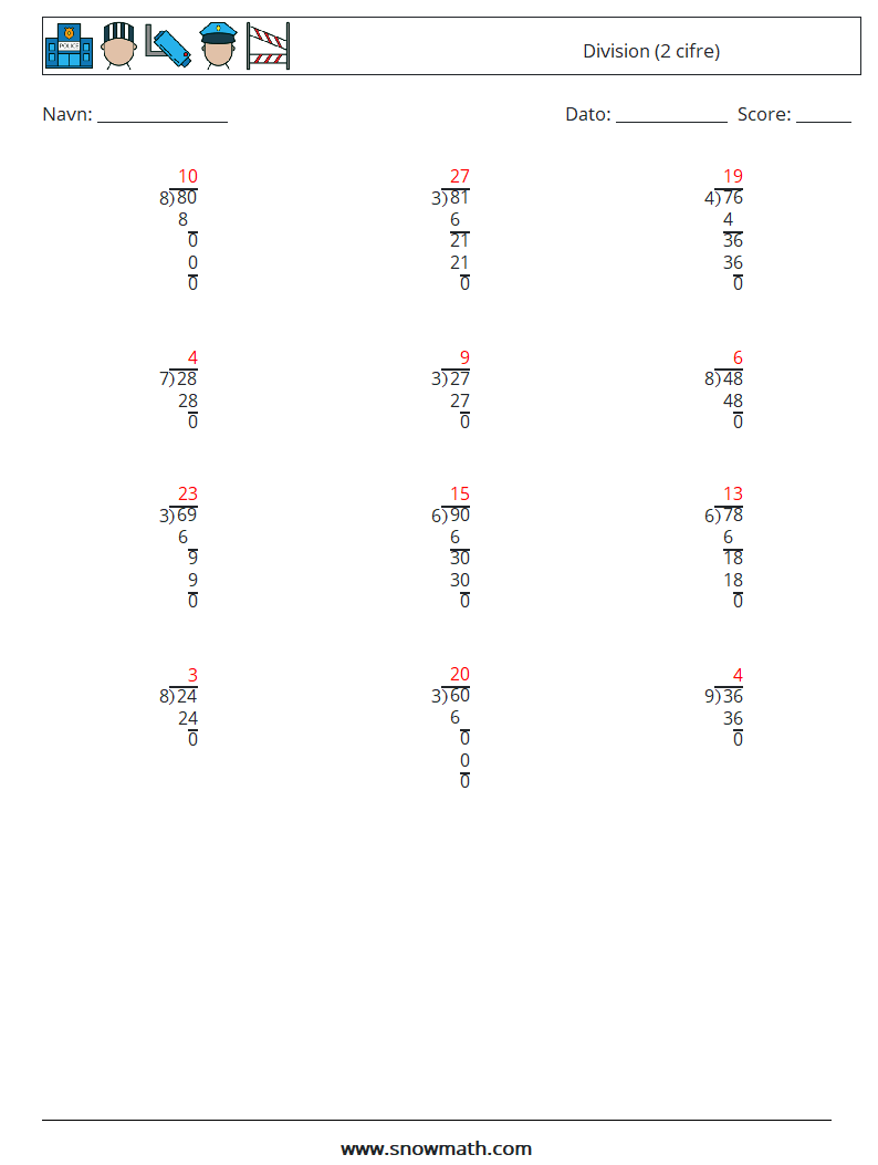 (12) Division (2 cifre) Matematiske regneark 16 Spørgsmål, svar