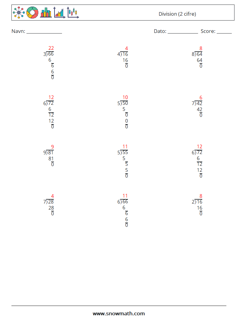 (12) Division (2 cifre) Matematiske regneark 17 Spørgsmål, svar