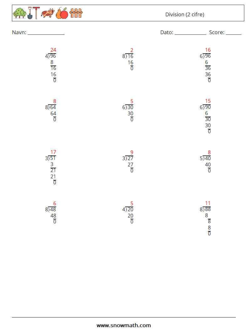 (12) Division (2 cifre) Matematiske regneark 18 Spørgsmål, svar