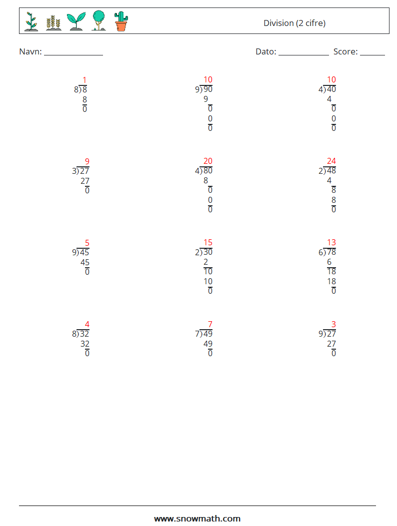 (12) Division (2 cifre) Matematiske regneark 1 Spørgsmål, svar