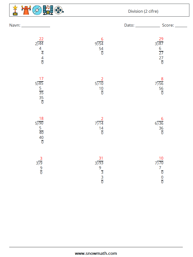 (12) Division (2 cifre) Matematiske regneark 2 Spørgsmål, svar