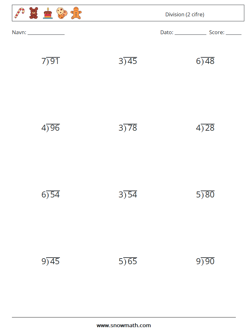 (12) Division (2 cifre) Matematiske regneark 3