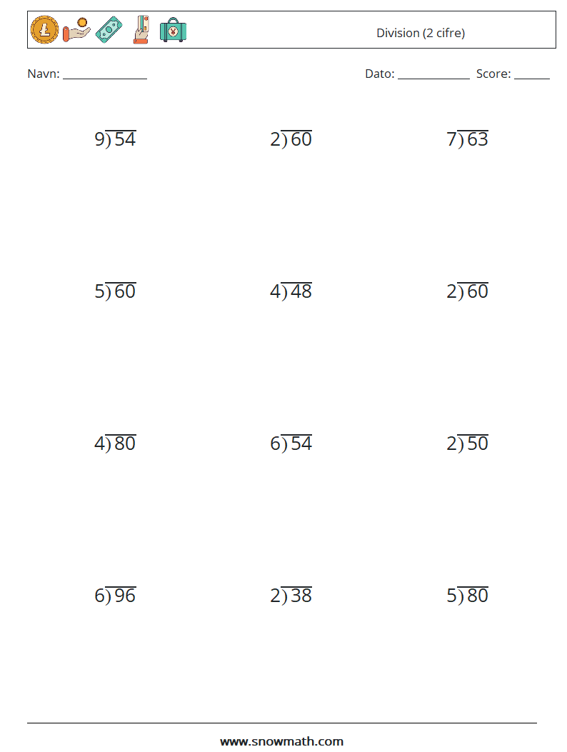 (12) Division (2 cifre) Matematiske regneark 4