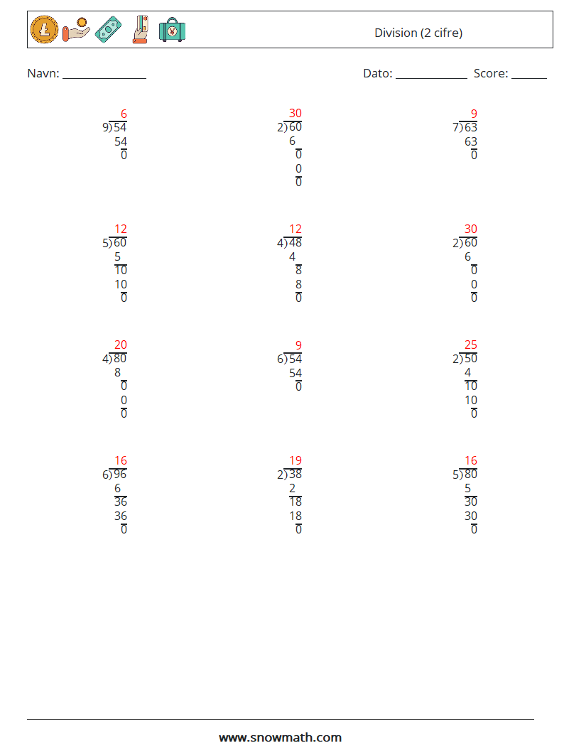 (12) Division (2 cifre) Matematiske regneark 4 Spørgsmål, svar