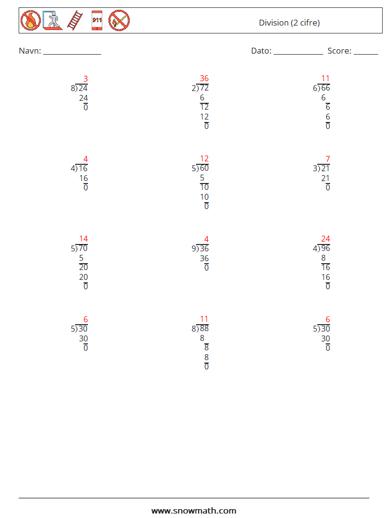 (12) Division (2 cifre) Matematiske regneark 5 Spørgsmål, svar