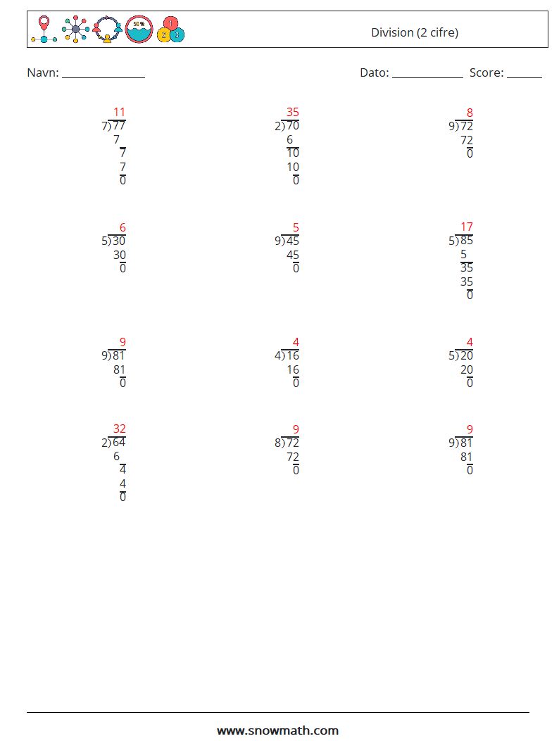 (12) Division (2 cifre) Matematiske regneark 7 Spørgsmål, svar