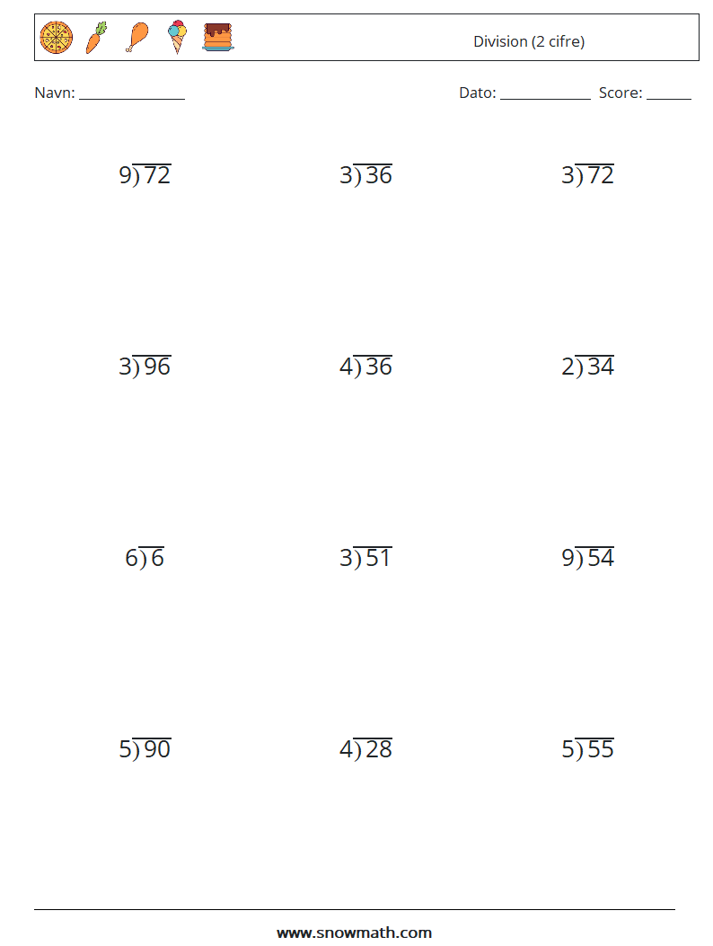(12) Division (2 cifre) Matematiske regneark 8