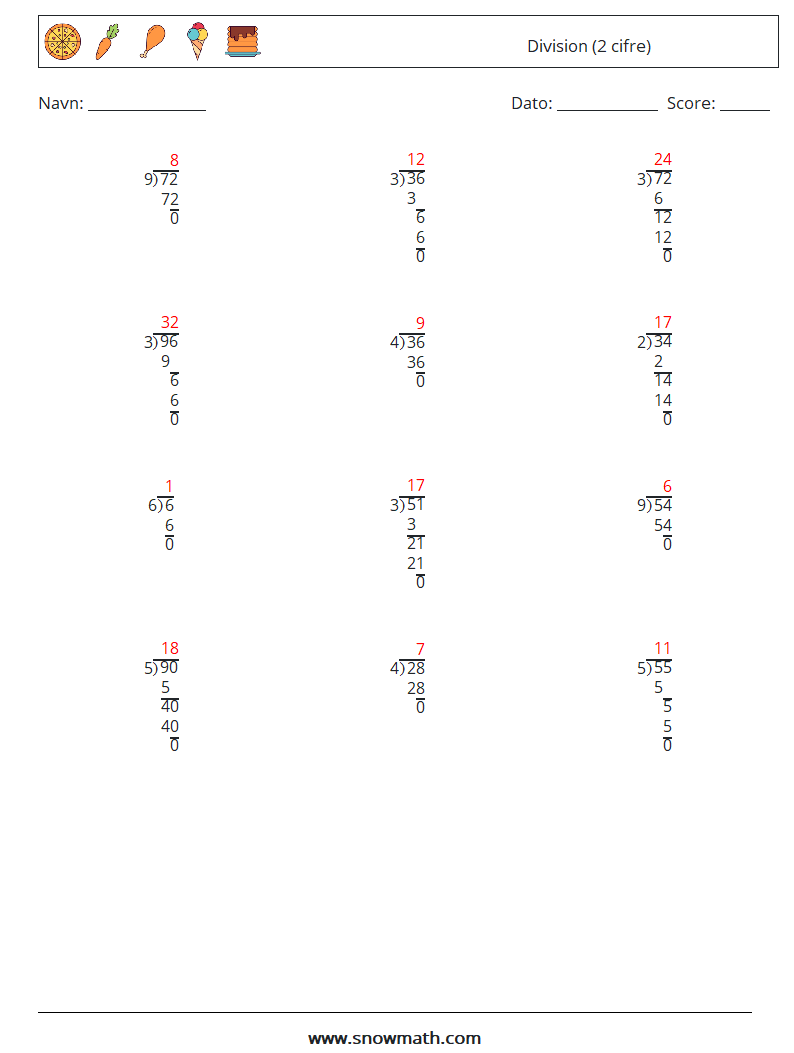 (12) Division (2 cifre) Matematiske regneark 8 Spørgsmål, svar