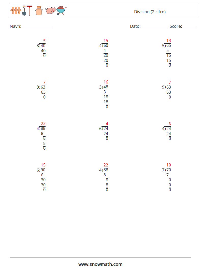 (12) Division (2 cifre) Matematiske regneark 9 Spørgsmål, svar