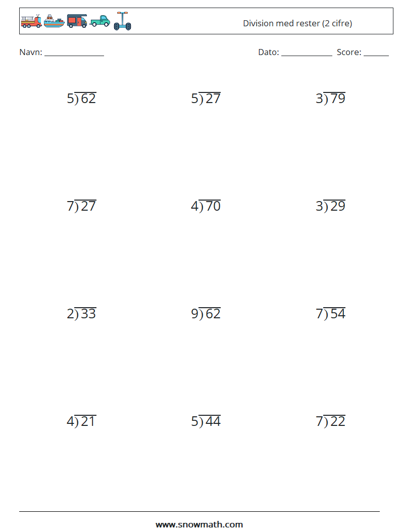 (12) Division med rester (2 cifre) Matematiske regneark 10