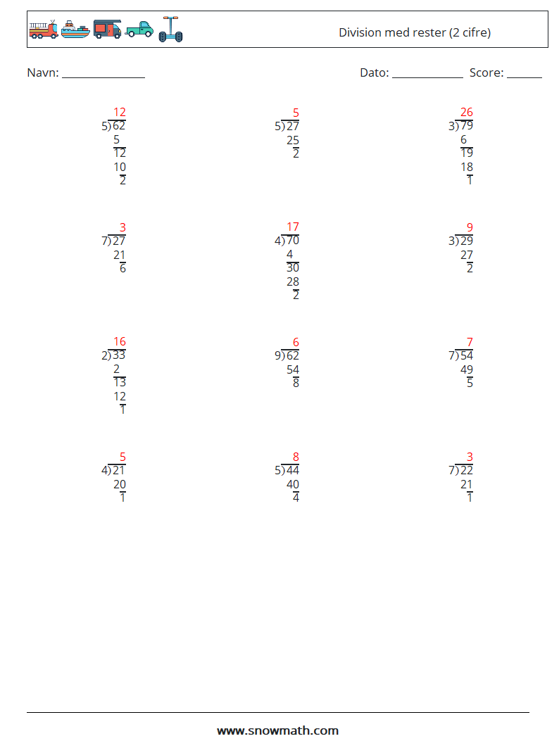 (12) Division med rester (2 cifre) Matematiske regneark 10 Spørgsmål, svar