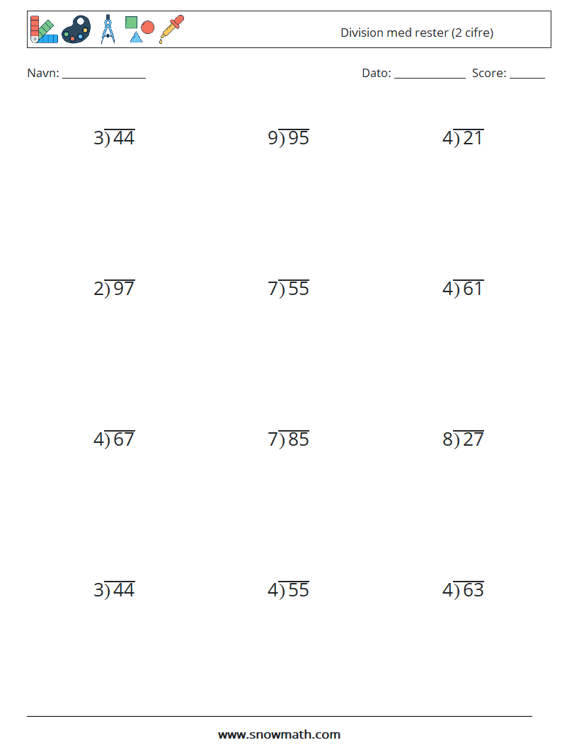 (12) Division med rester (2 cifre) Matematiske regneark 11