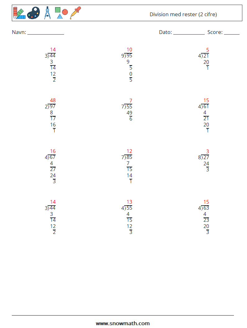 (12) Division med rester (2 cifre) Matematiske regneark 11 Spørgsmål, svar
