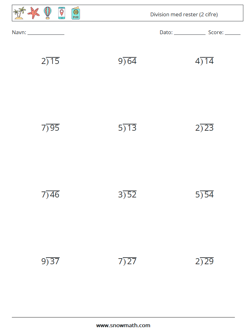 (12) Division med rester (2 cifre) Matematiske regneark 12