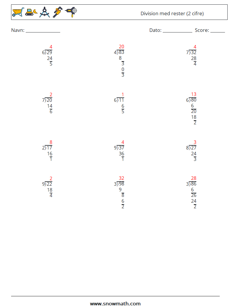 (12) Division med rester (2 cifre) Matematiske regneark 13 Spørgsmål, svar