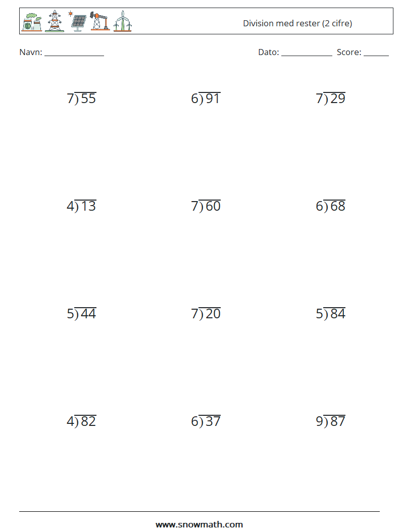(12) Division med rester (2 cifre) Matematiske regneark 14