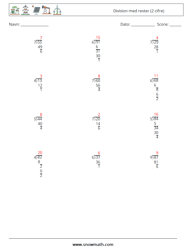(12) Division med rester (2 cifre) Matematiske regneark 14 Spørgsmål, svar