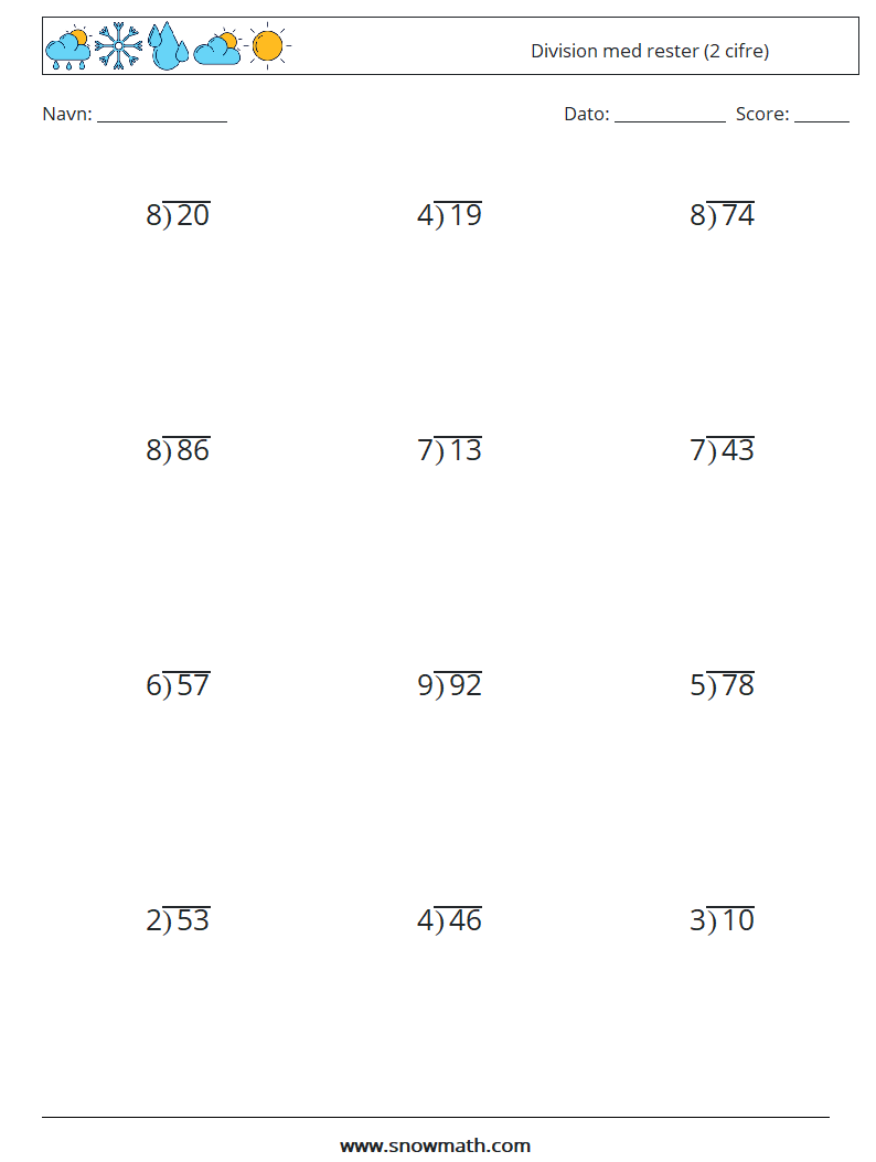 (12) Division med rester (2 cifre) Matematiske regneark 16