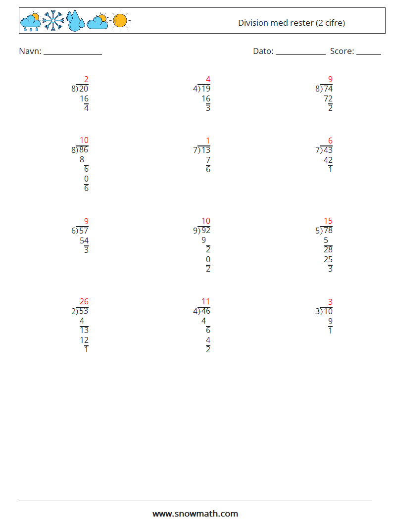 (12) Division med rester (2 cifre) Matematiske regneark 16 Spørgsmål, svar