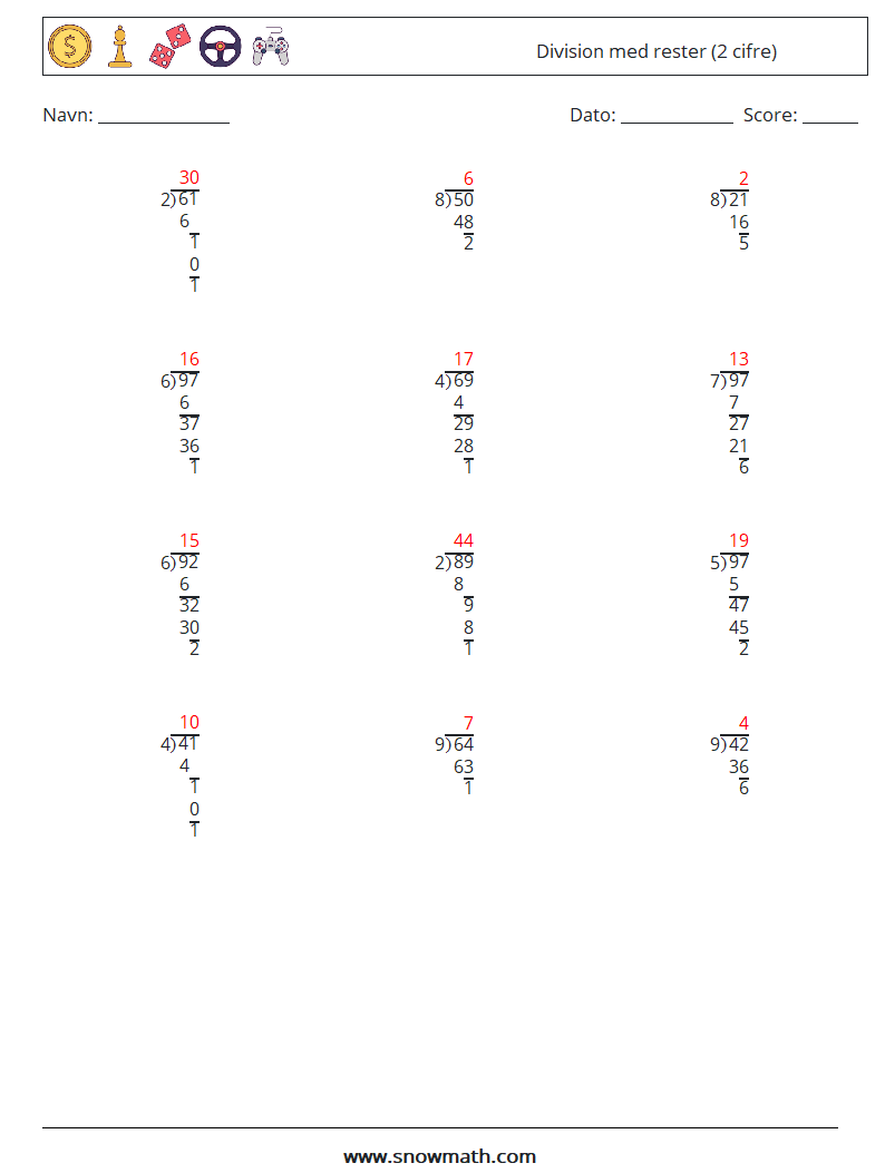 (12) Division med rester (2 cifre) Matematiske regneark 17 Spørgsmål, svar