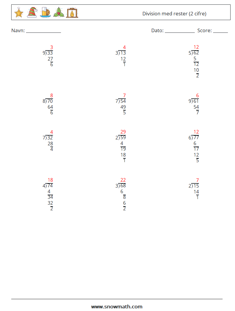 (12) Division med rester (2 cifre) Matematiske regneark 18 Spørgsmål, svar