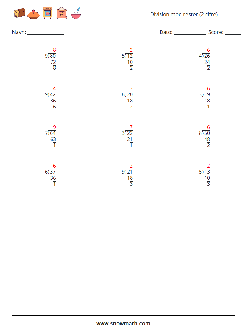 (12) Division med rester (2 cifre) Matematiske regneark 1 Spørgsmål, svar