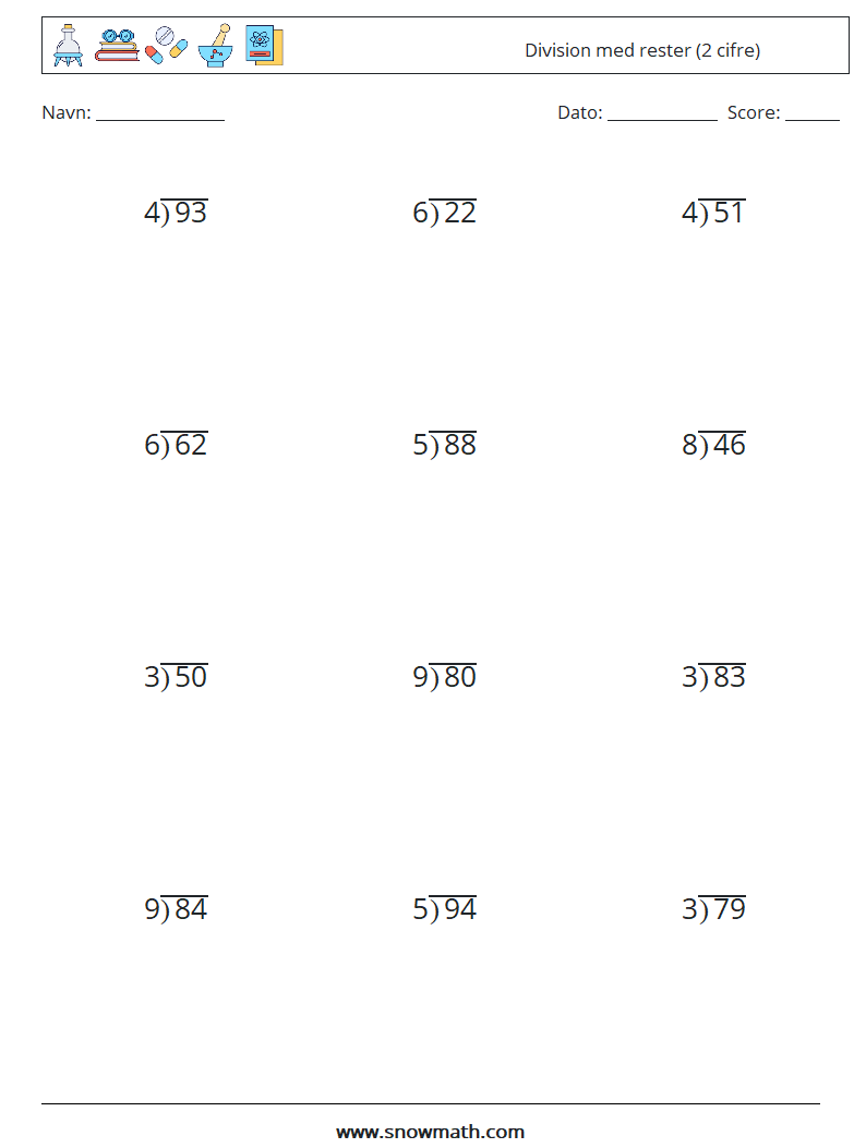 (12) Division med rester (2 cifre) Matematiske regneark 2