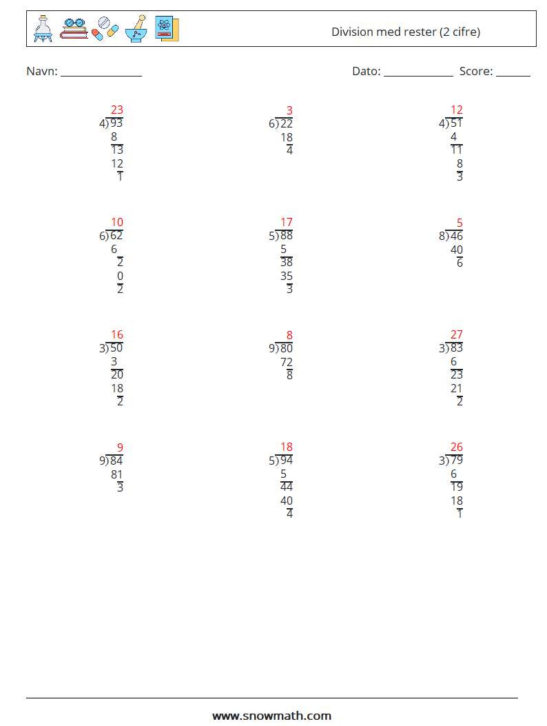 (12) Division med rester (2 cifre) Matematiske regneark 2 Spørgsmål, svar